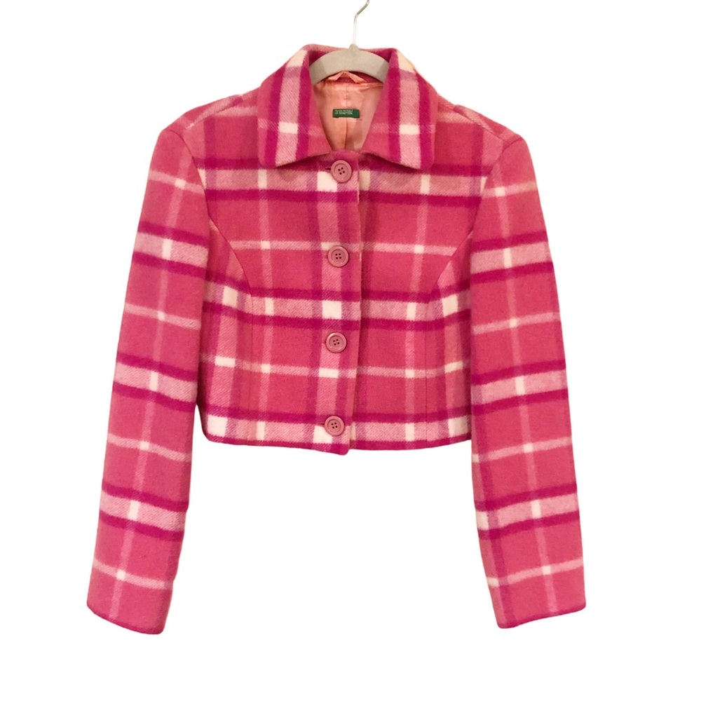 Vintage Benetton Pink Plaid Wool/Mohair Blend Cropped Blazer Jacket Small